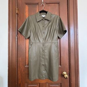 Topshop Faux Leather Button Front Shirt Dress Olive Khaki US 8